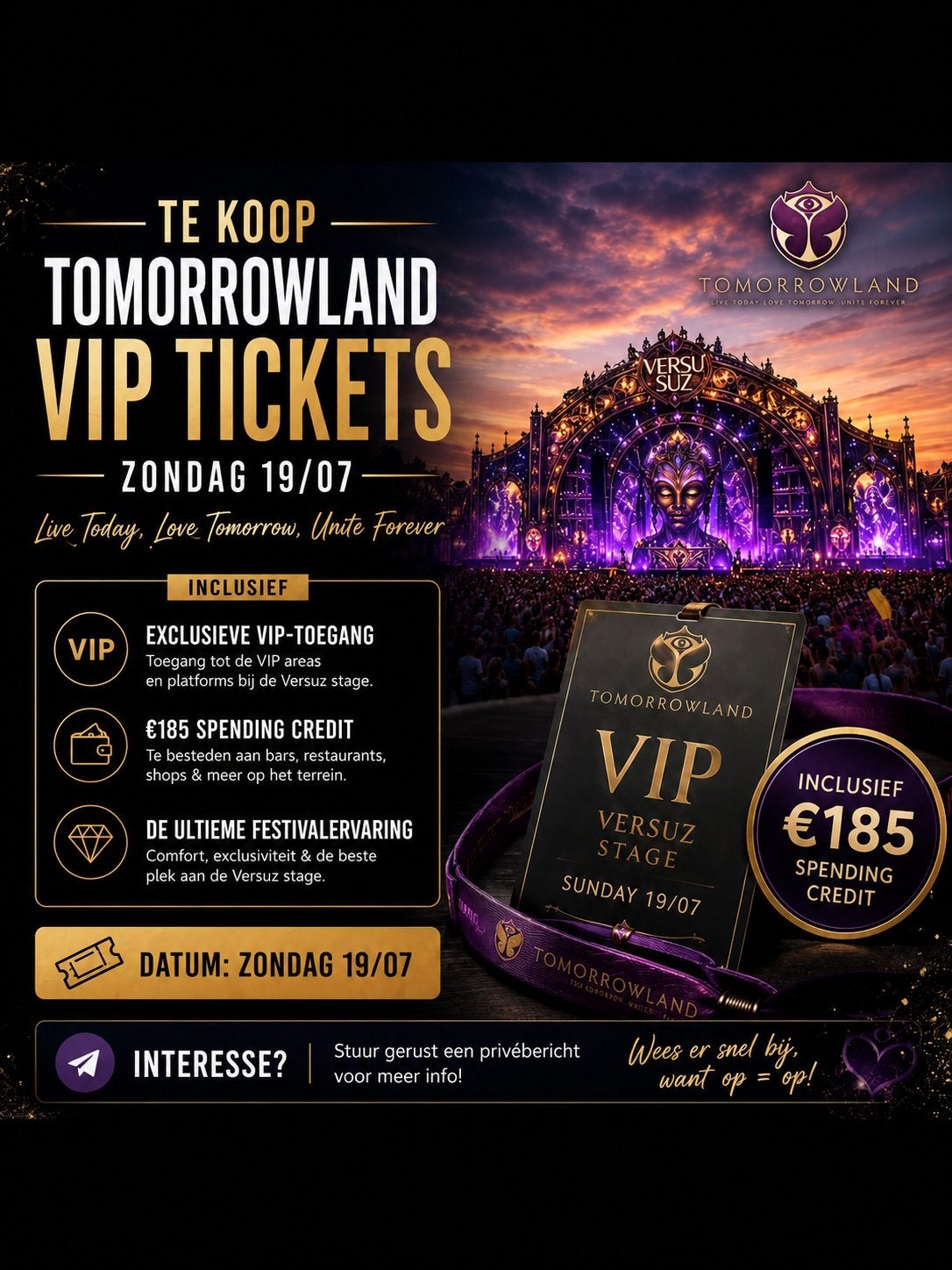 Tomorrowland sun.19/7:Great Library/Versuz + drink voucher, Tickets en Kaartjes, Twee personen