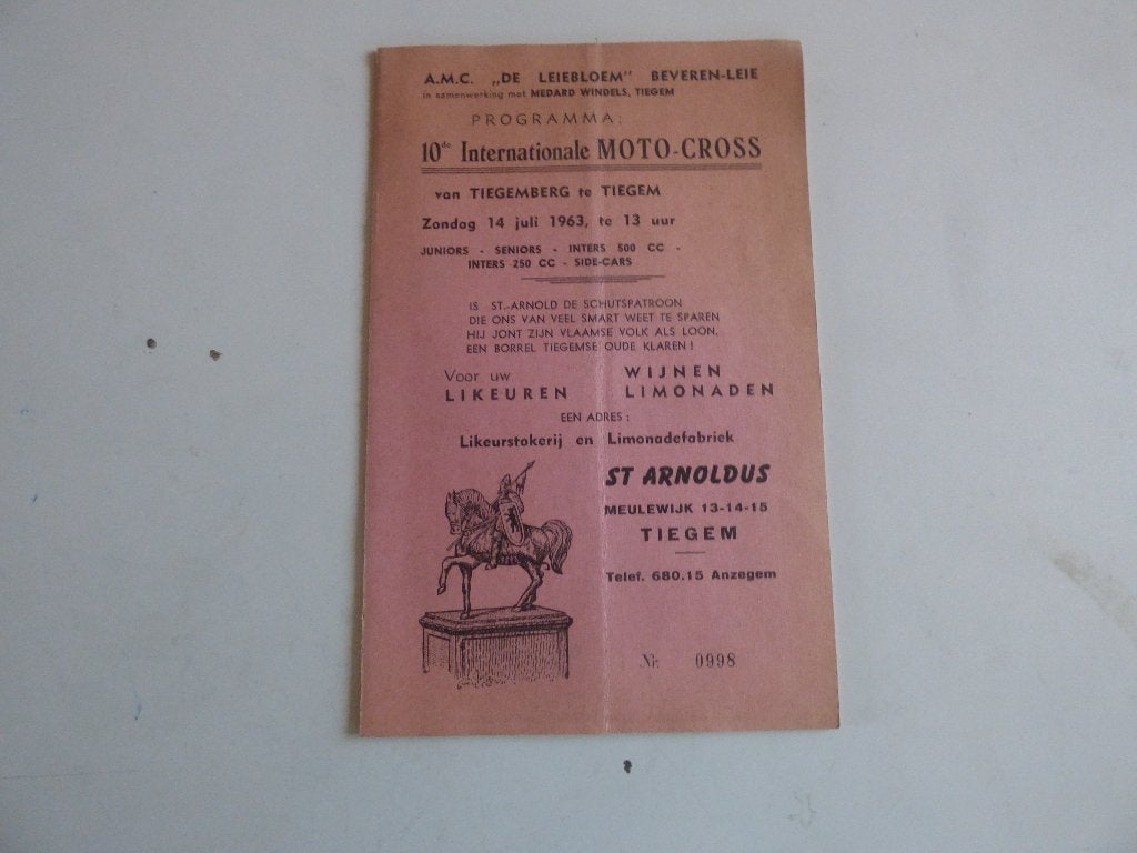 PROGRAMMAFOLDER 10E INTERNATIONALE MOTO-CROSS TIEGEM, Motoren, Ophalen of Verzenden