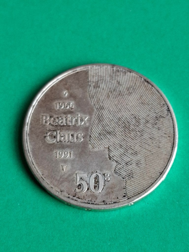 1991 vijftig gulden zilver 25 jarig huwelijk Beatrix & Claus, Postzegels en Munten, Verzenden, Koningin Beatrix, Zilver, Losse munt