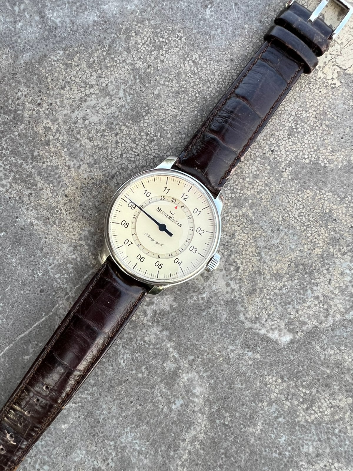 Meistersinger Perigraph automatic, Bijoux, Sacs & Beauté, Montres | Hommes, Montre-bracelet, Enlèvement ou Envoi, Cuir, Acier