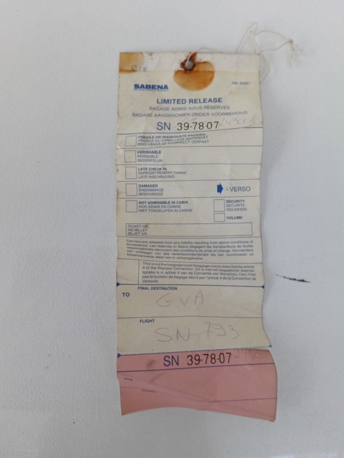 Sabena bagageticket vliegticket. Bieden vanaf €2., Verzamelen, Ophalen of Verzenden, Gebruikt