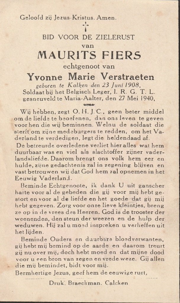 Gesneuvelde 1940-45 Maurits Fiers Maria Aalter 27.05.1940, Envoi