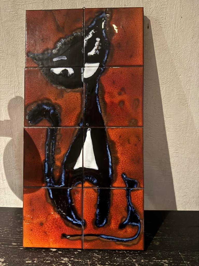 Vintage tegelpaneel kat – keramische wanddecoratie jaren 70, Enlèvement