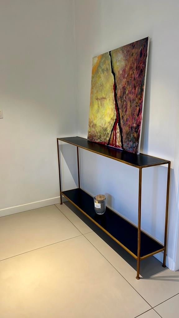 Console d’entrée métal noir et doré double plateau, Enlèvement, Comme neuf