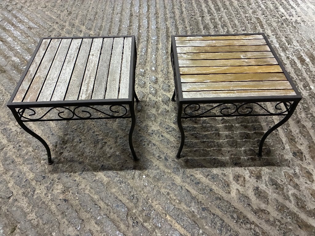 2 Petites tables extérieures en fer forgé et bois, Enlèvement, Utilisé, Carré, Métal
