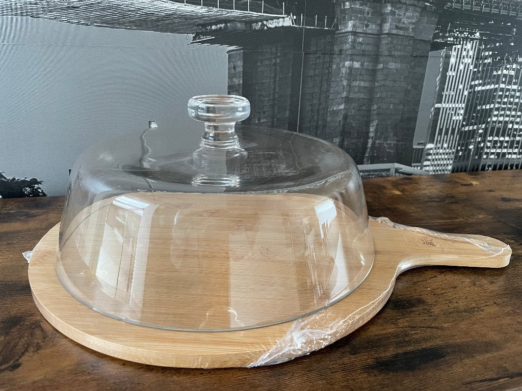glazen kaasstolp - gratis houten plank, Huis en Inrichting, Woonaccessoires | Stolpen, Gebruikt, Glas, Met plateau, Ophalen