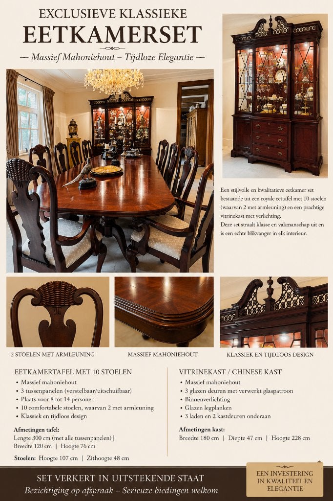 Klassieke eetkamer set met vitrinekast, Ophalen, Gebruikt, Klassiek, 8 stoelen of meer