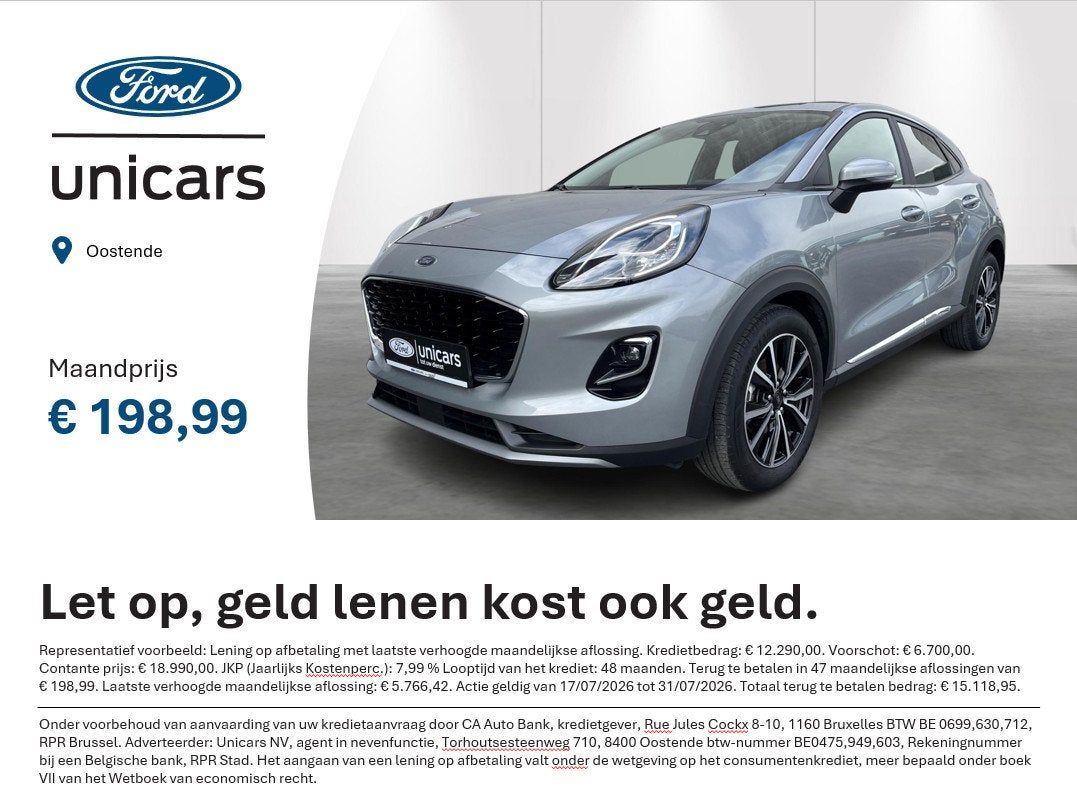 Ford Puma 1.0i Ecoboost mHEV 92kW Titanium, Autos, Argent ou Gris, Achat, Entreprise, Boîte manuelle