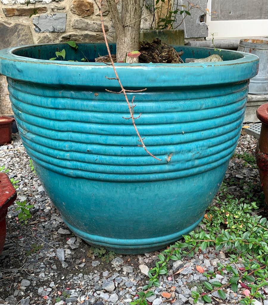 Grote geglazuurde Spaanse bloempot. 60 cm diameter, Tuin en Terras, Bloempotten, Zo goed als nieuw, Aardewerk, Binnen, Balkon