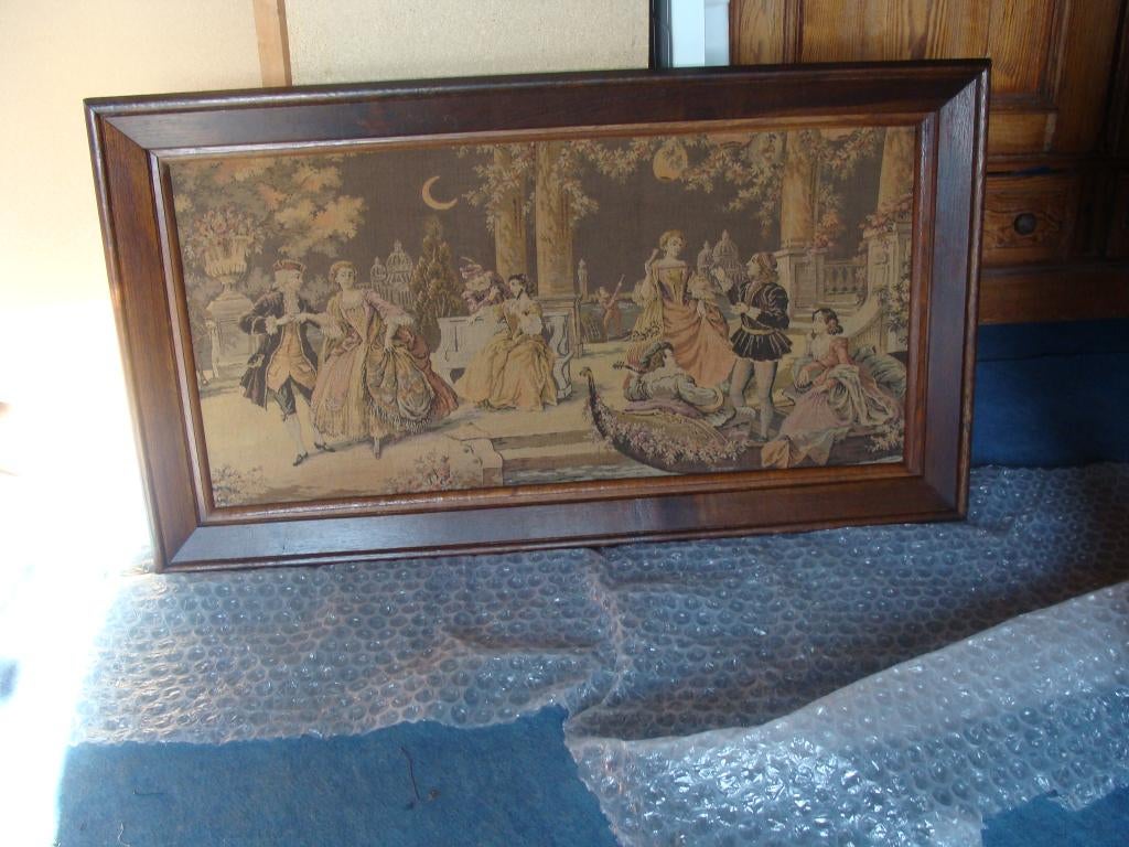 grand cadre en chêne, motif sur toile, tapisserie, vintage, Enlèvement