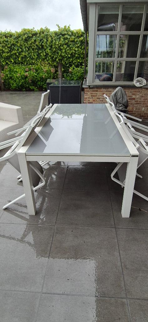 tuintafel, wit aluminium met glas, incl 6 stoelen, Ophalen, Gebruikt, Rechthoekig, Aluminium