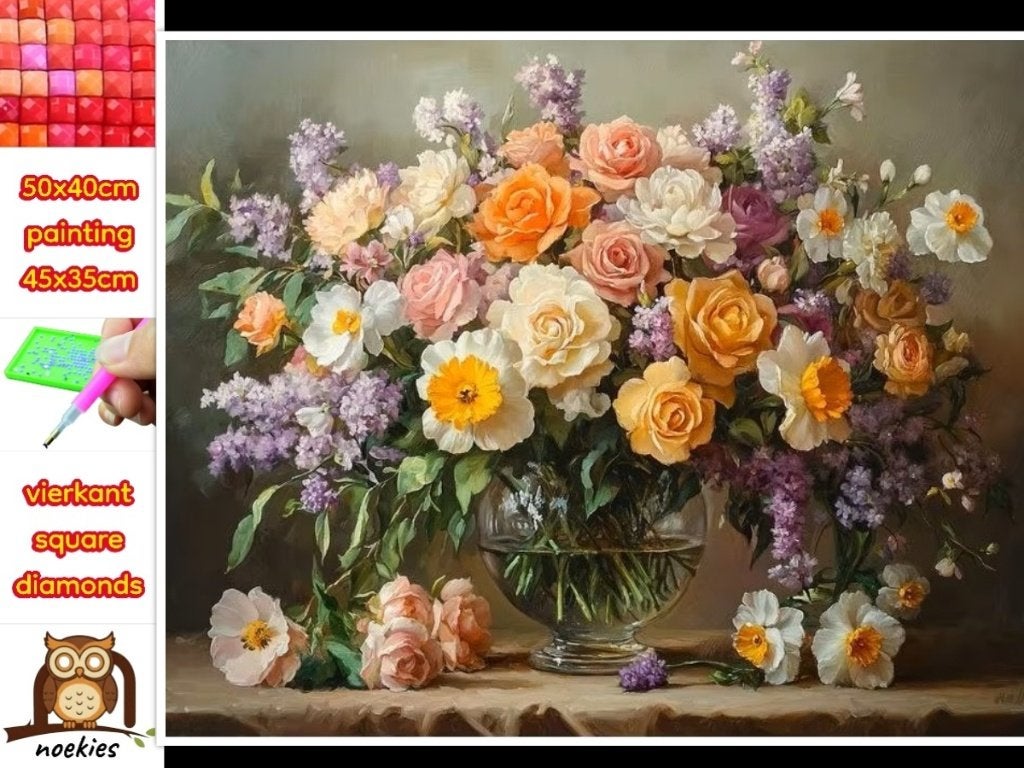50x40cm Diamond Painting vaas met bloemen (vierkant) nr 58, Verzenden, Nieuw, Meerkleurig, Natuur en Bloemen