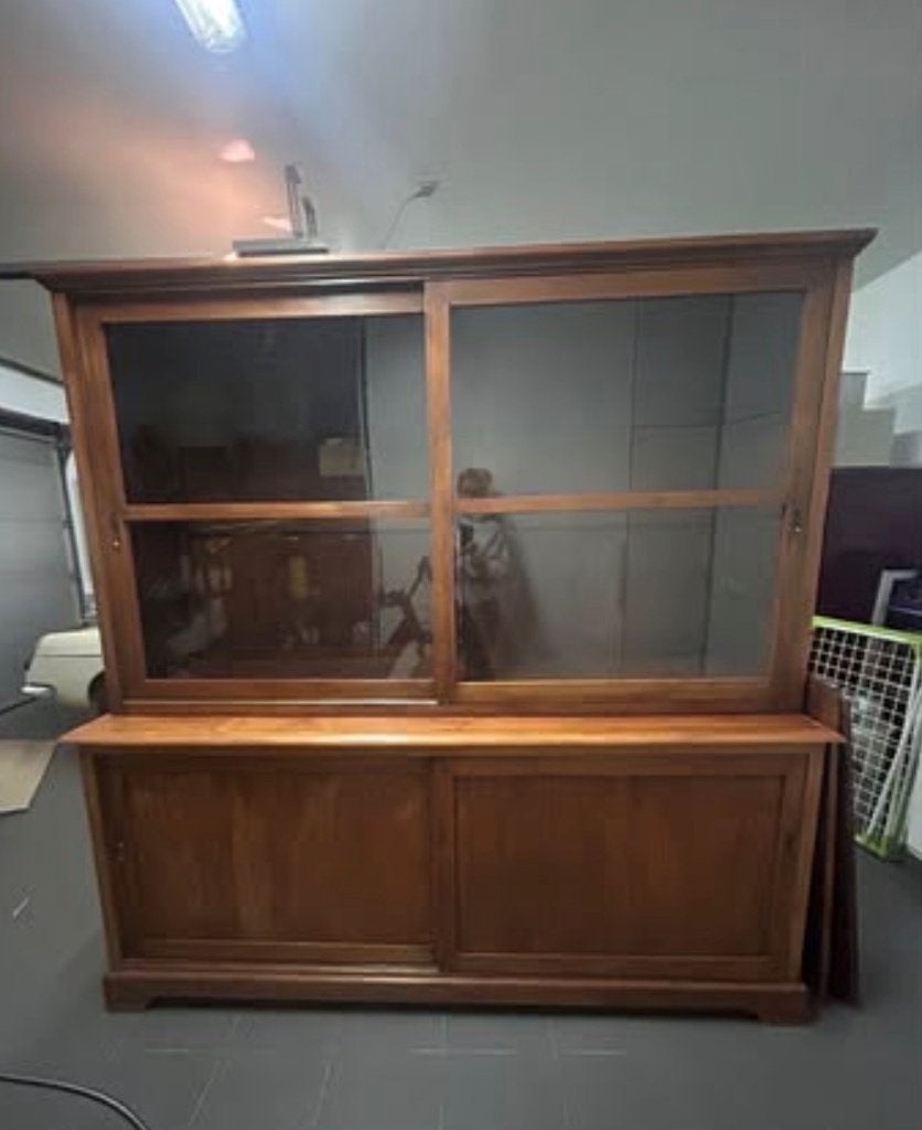 Teak vitrine kast met schuifdeuren, Huis en Inrichting, Ophalen, 200 cm of meer, Glas, 200 cm of meer