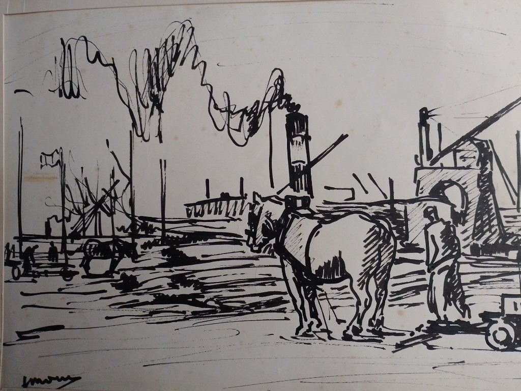 Jos Mous    1896 - 1968   Tekening  Havenkaai, Antiek en Kunst, Kunst | Tekeningen en Fotografie, Verzenden, Tekening, Gesigneerd