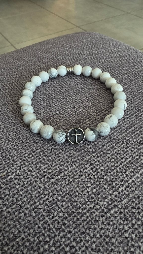 Bracelet Homme-Pierre Naturelle (Howlite Blanche), Neuf, Enlèvement ou Envoi, Avec bracelets à breloques ou perles, Acier
