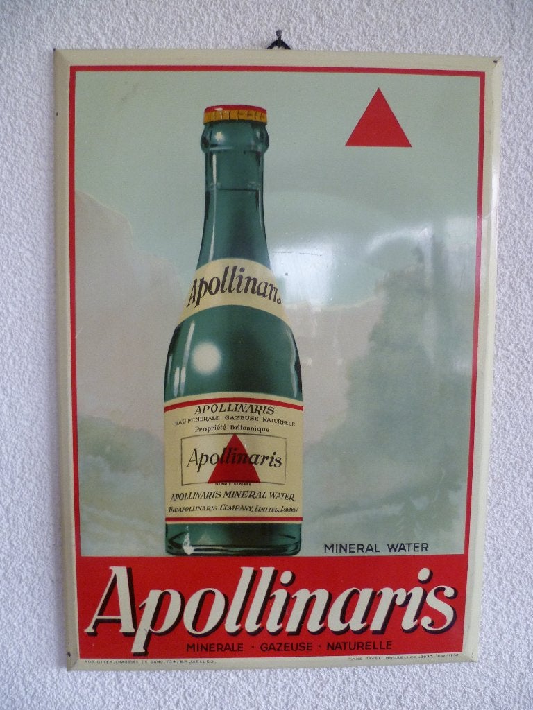BLIKKEN RECLAMEBORDJE"APOLLINARIS MINERAAL WATER"UIT 1952, Enlèvement ou Envoi, Utilisé, Panneau publicitaire