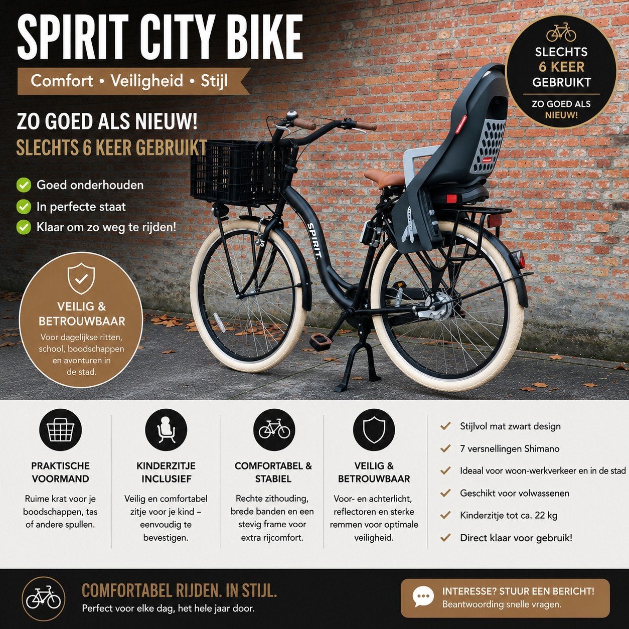 Spirit Stadsfiets Zwart + Kinderzitje | Zo Goed Als Nieuw, Fietsen en Brommers, Fietsen | Dames | Sportfietsen en Toerfietsen