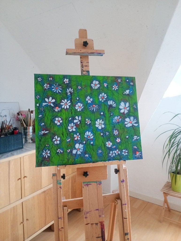 Schilderij gemaakt van mooie witte bloemen., Antiek en Kunst, Kunst | Schilderijen | Modern, Ophalen, Acrylverf, Echtheidscertificaat