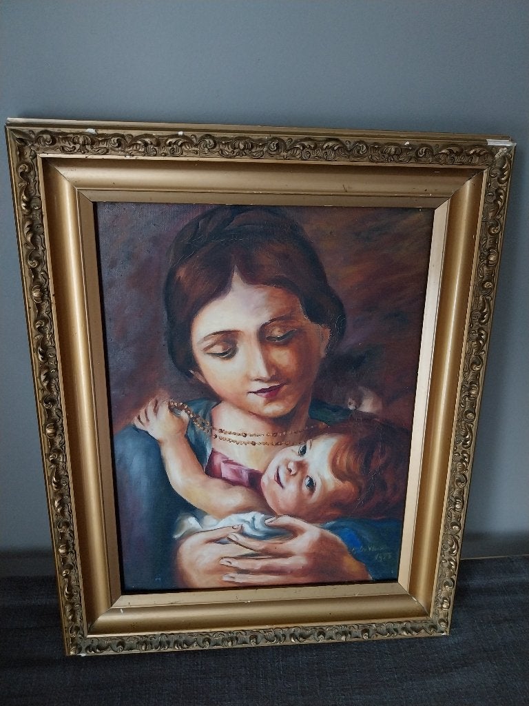 Olieverf op doek schilderij -  1928 - Madonna met kind, Antiquités & Art, Art | Peinture | Classique, Portrait ou Personnes, Signé