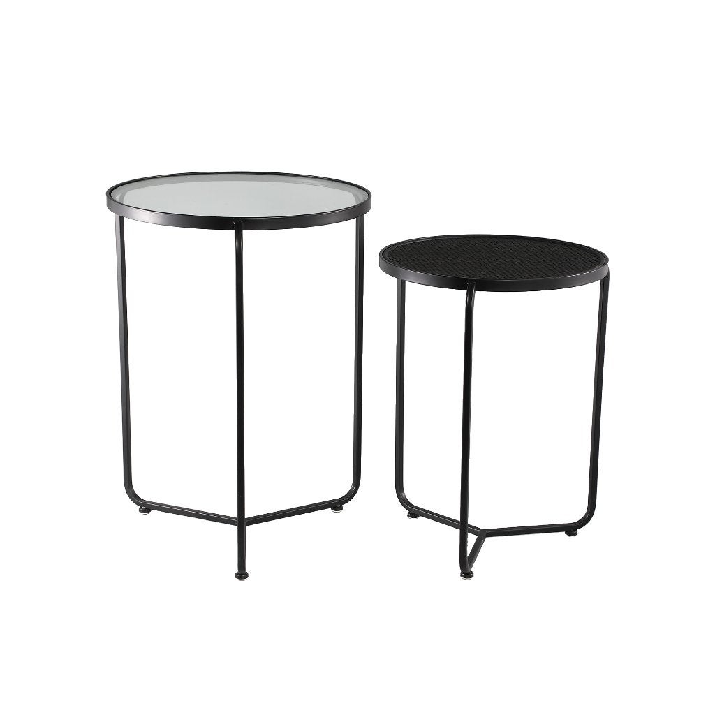 NIEUWE set van 2 BIJZETTAFELS zwart met GLAZEN en ROTAN BLAD, Ophalen, Zwart, Overige stijlen, Nieuw