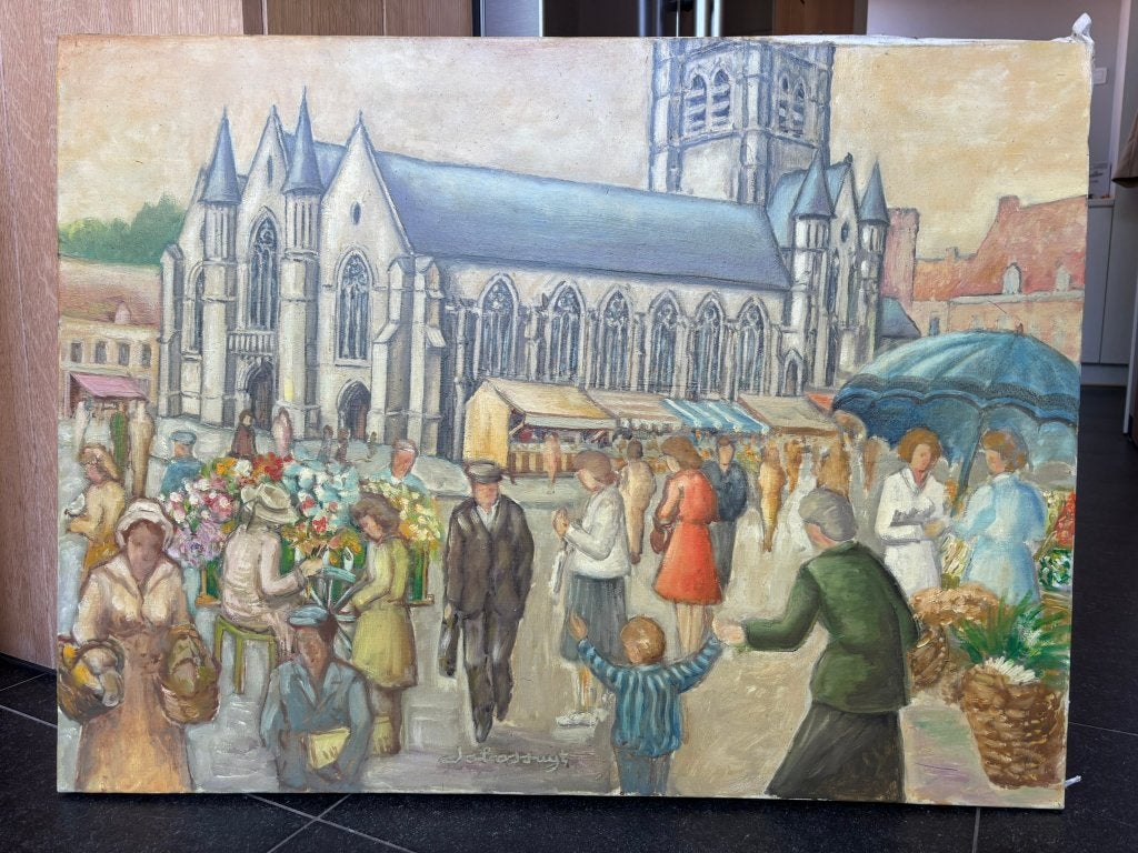 Markt Kerk Waregem - Jo Bossuyt, Antiek en Kunst, Kunst | Schilderijen | Klassiek, Ophalen, Doek, Olieverf, Klassiek