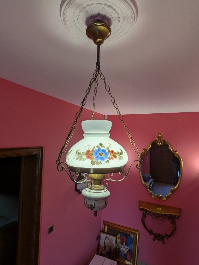 Lustre ancien style lampe à pétrole en opaline et laiton, Enlèvement, Utilisé, Verre, Vintage