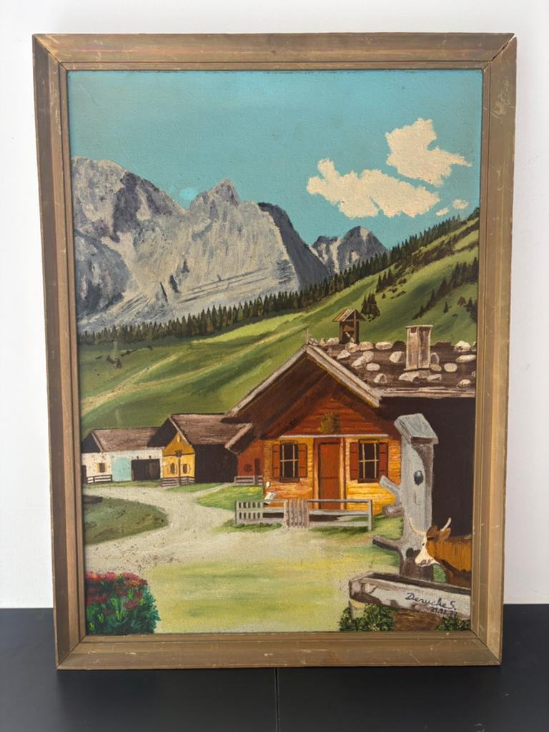 Vintage Alpenlandschap – Handgeschilderd – S. Derycke — 1977, Huis en Inrichting, Woonaccessoires | Schilderijen, Tekeningen en Foto's