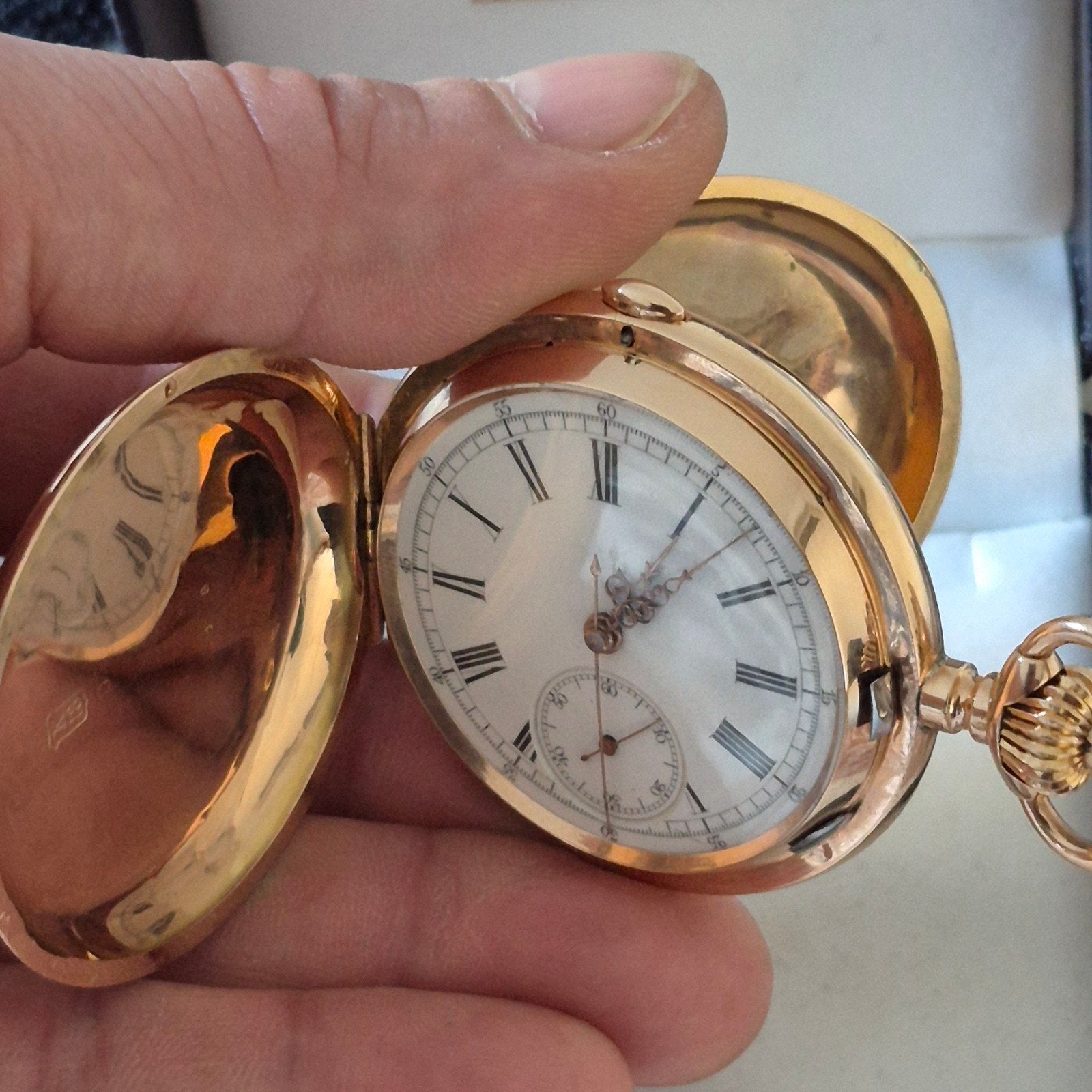 18 karaat goud Repetition Zakhorloge, Handtassen en Accessoires, Horloges | Heren, Ophalen, Zakhorloge, Zo goed als nieuw, Goud