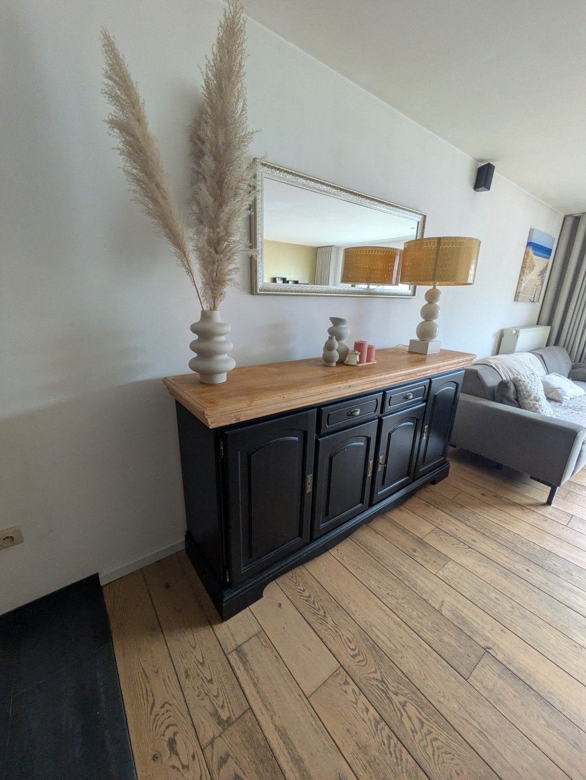 Buffet noir spacieux avec plateau en bois - 200 cm, Avec tiroir(s), 150 à 200 cm, Enlèvement, 75 cm ou plus