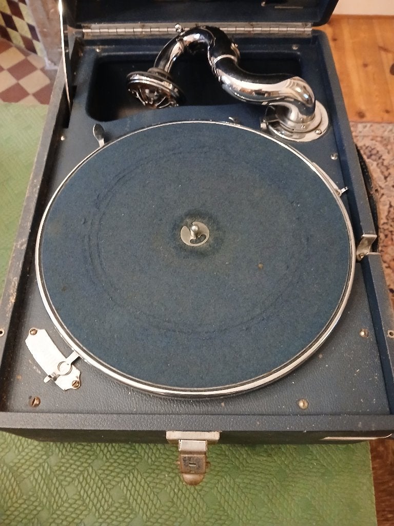 Gramophone valise HMV modèle 102 Bleu Vintage, Antiek en Kunst, Ophalen