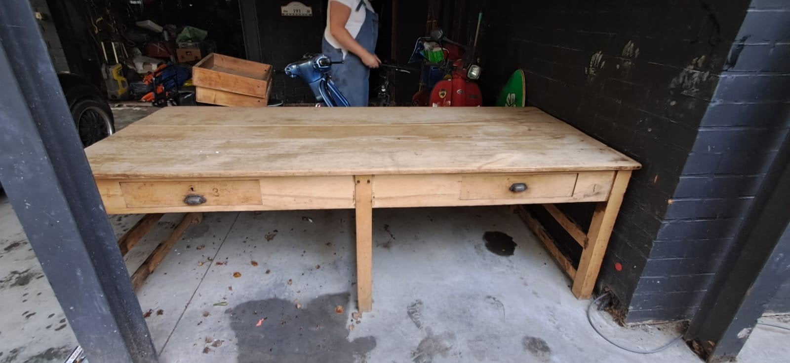 Oude franse werk-/eettafel, Ophalen, Gebruikt, 200 cm of meer, 50 tot 100 cm
