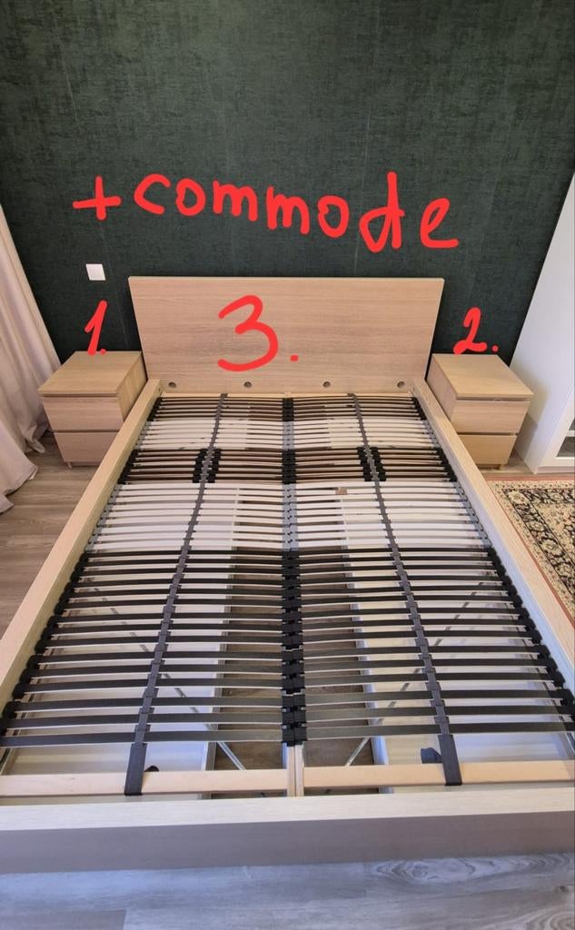 Lit + commode + 2 tables de chevet., Enlèvement ou Envoi, Utilisé, Deux personnes, Autres dimensions