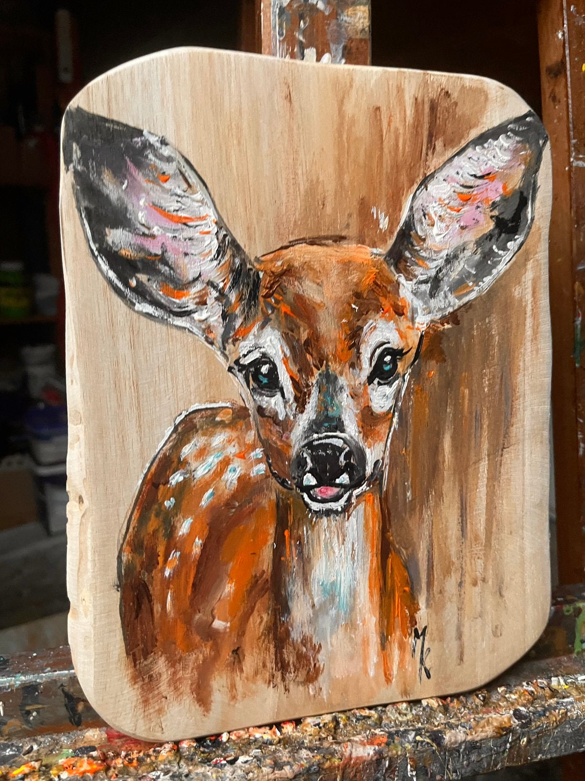 Schilderij lief hertje op hout Mk Art, Antiek en Kunst, Acrylverf, Realistisch, Dieren, Ophalen of Verzenden