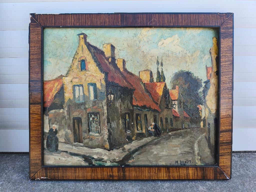 Huile sur carton ruelle flamande signe Max legout, Antiquités & Art, Enlèvement ou Envoi