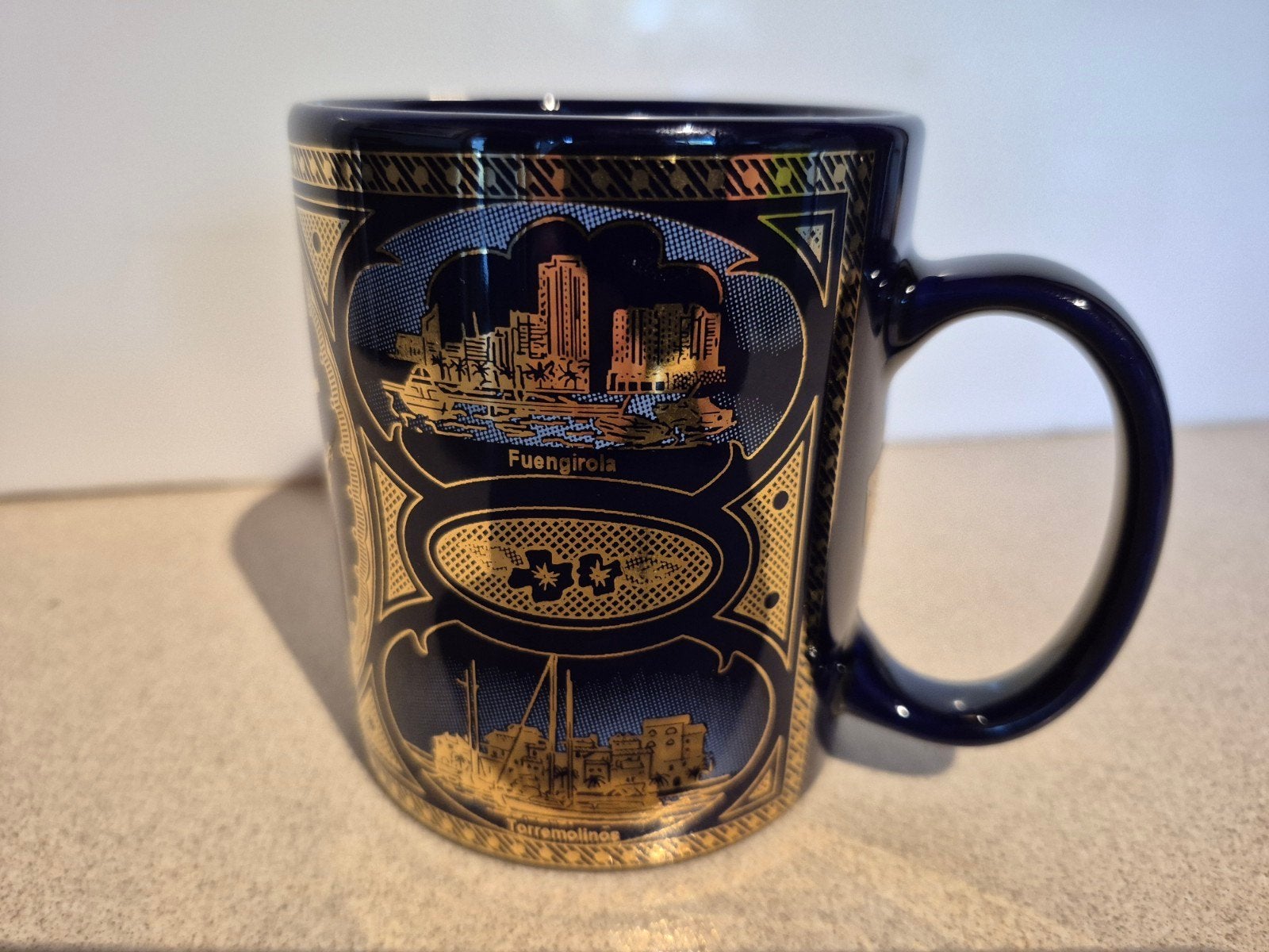 Costa del Sol mug mok tas kop in kobaltblauw met 24K goud, Overige merken, Keramiek, Zo goed als nieuw, Overige stijlen
