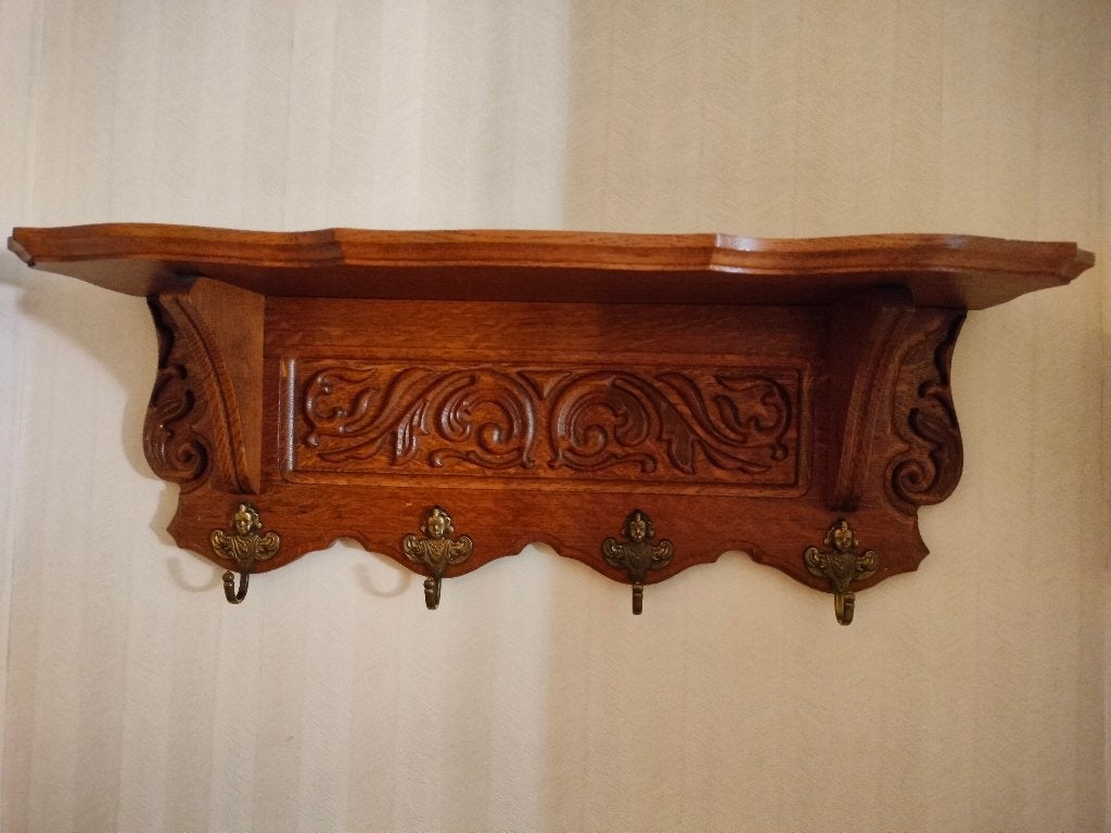porte-manteau vintage en chêne avec étagère à chapeaux, Enlèvement, Bois, Portemanteau mural