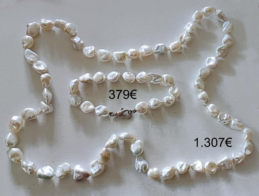 Collier + Bracelet NEUF de perles rivière baroques blanches, Handtassen en Accessoires, Kettingen, Overige materialen, Wit, Nieuw