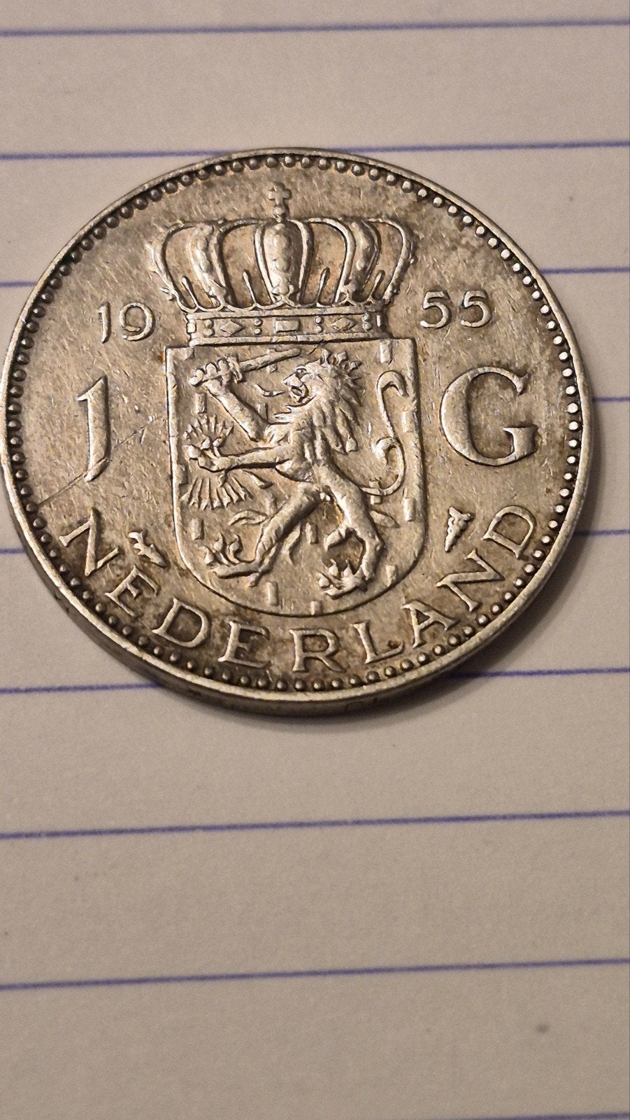 1 gulden zilverstuk 1955 periode Juliana, Postzegels en Munten, Munten | Nederland, 1 gulden, Koningin Juliana, Zilver, Ophalen of Verzenden