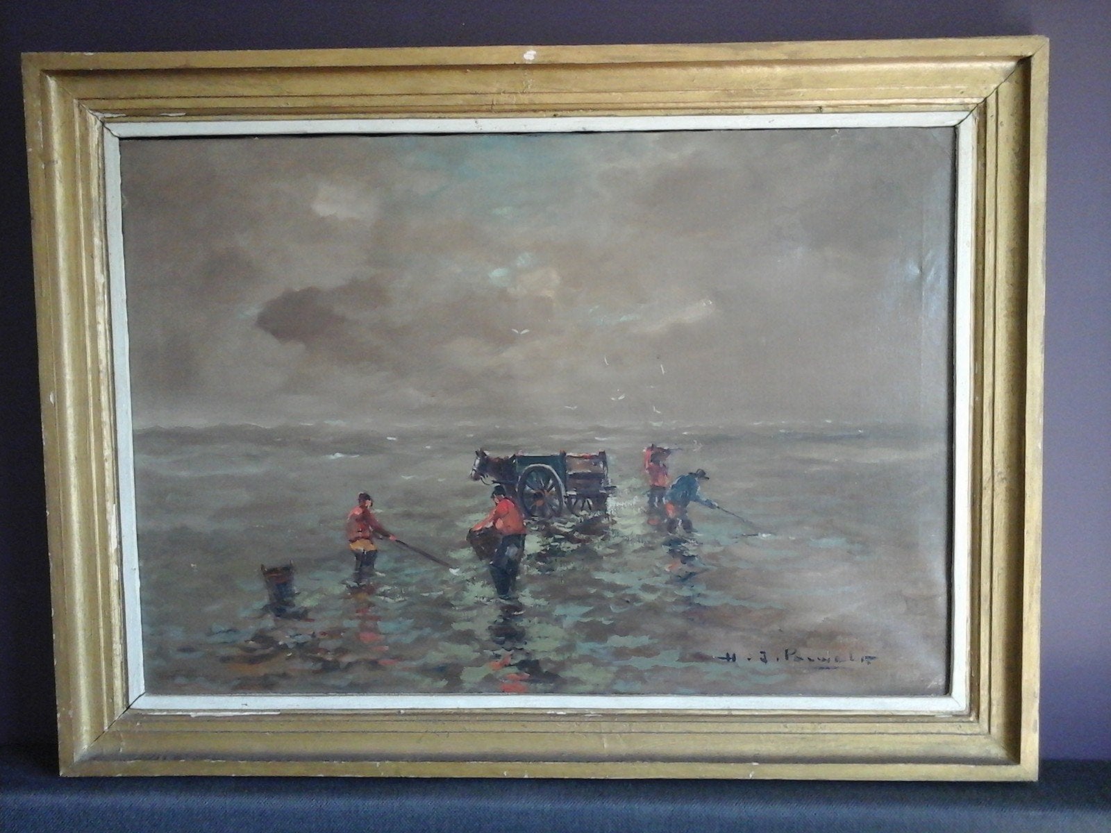 MOOI GROOT SCHILDERIJ VAN H J PAUWELS "DE SCHELPEN VISSERS", Antiquités & Art, Art | Peinture | Classique, Peinture à l'huile