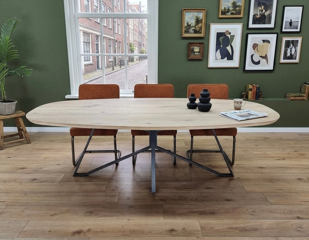 Deense Ovale Eiken Tafel Eettafel met Industrieel Matrixpoot, Ophalen of Verzenden, Nieuw, Eikenhout