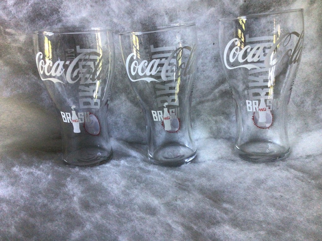 3 glazen Coca -cola Brasil  2014. Transparant. Witte letters, Verzamelen, Ophalen of Verzenden