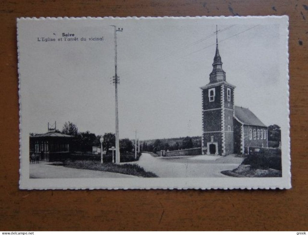 Postkaart Saive, l'église et l'arrêt du vicinal, Enlèvement ou Envoi, Non affranchie, Liège