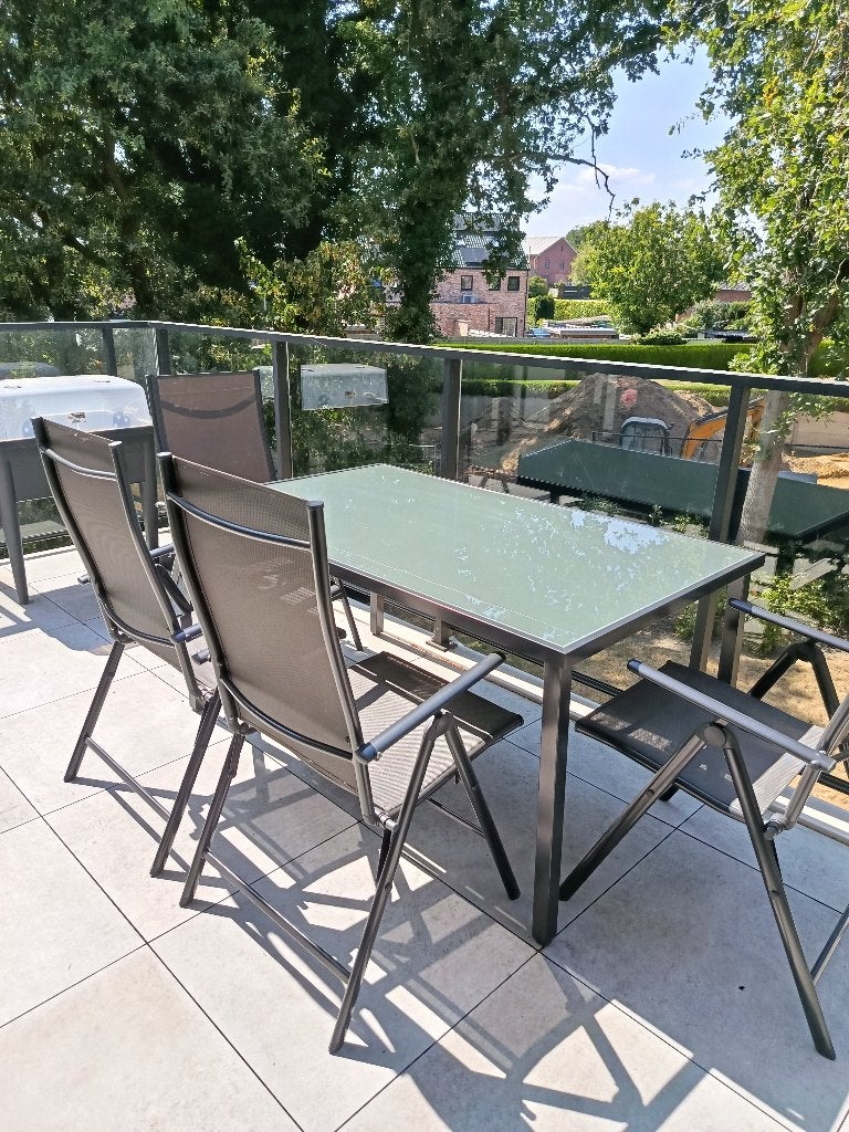 Ensemble de jardin de 5 pièces, plateau en verre, 4 chaises, Jardin & Terrasse, Ensembles de jardin, Comme neuf, Salons de jardin