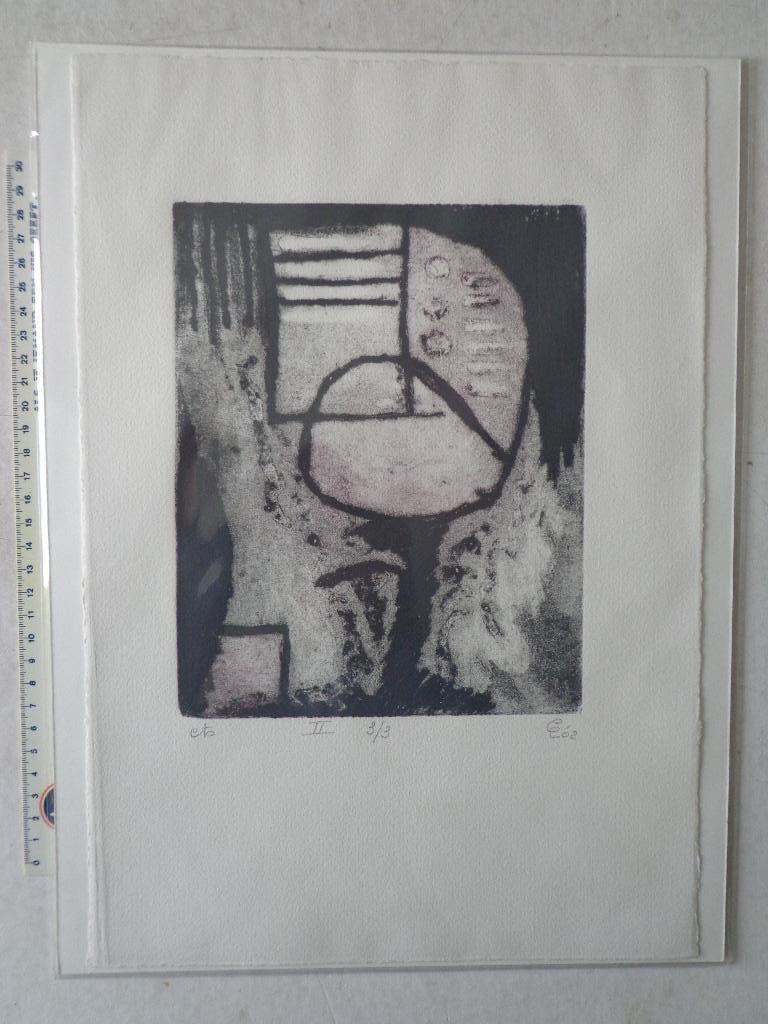 Ets van Lieve Peeters "Lyrisch abstracte compositie", Antiek en Kunst, Ophalen of Verzenden, Dagelijks leven, Ets, Met monogram