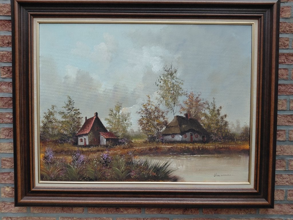NOSTALGISCH HEIDE EN HOEVELANDSCHAP, Peinture à l'huile, Paysage, Enlèvement, Encadré