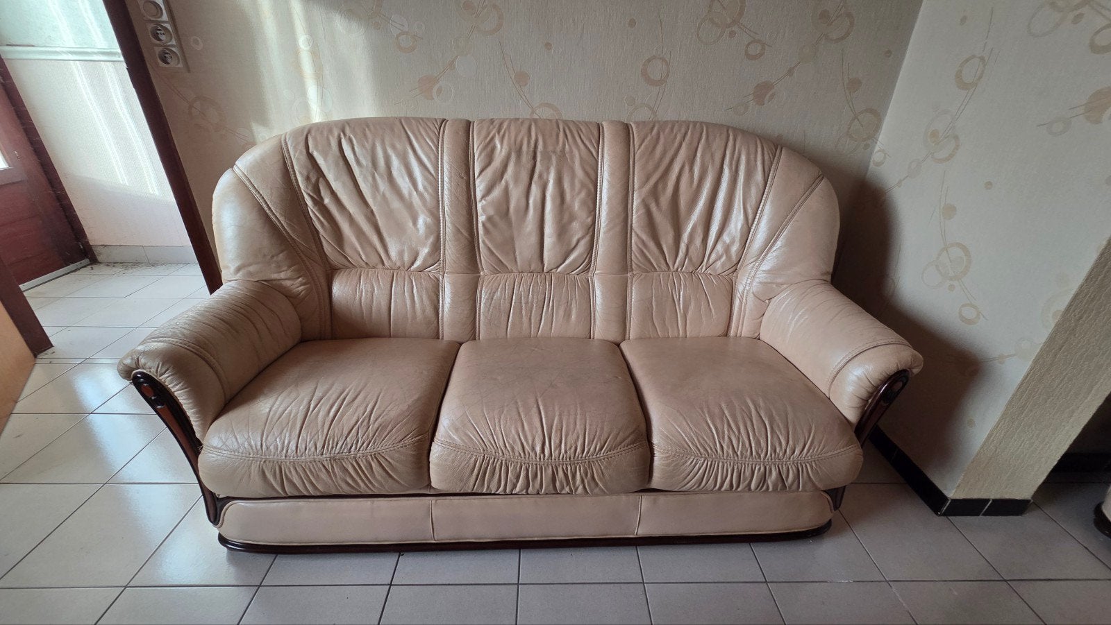 Volledig lederen salon – 3-zit + 2 fauteuils – klassiek, Huis en Inrichting, Ophalen, Gebruikt, 100 tot 125 cm, Klassiek