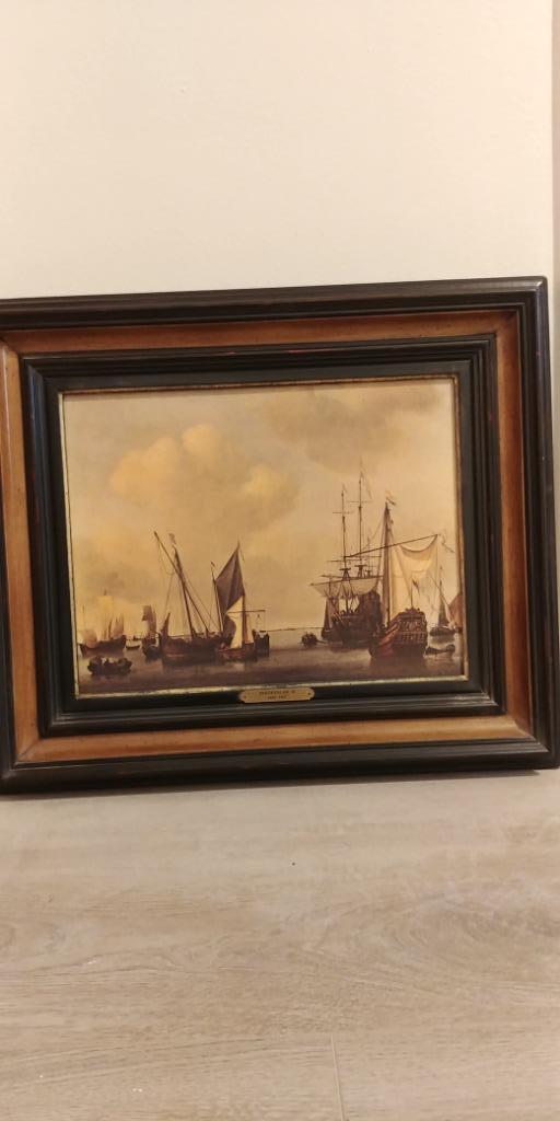 Schilderij "Kalme zee en schepen" van W. Van de Velde, Antiek en Kunst, Ophalen