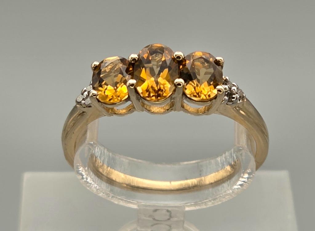 Gouden Vintage ring edelsteen citrien en diamant. 2025/674., Bijoux, Sacs & Beauté, Bagues, Jaune, Comme neuf, Or, 17 à 18