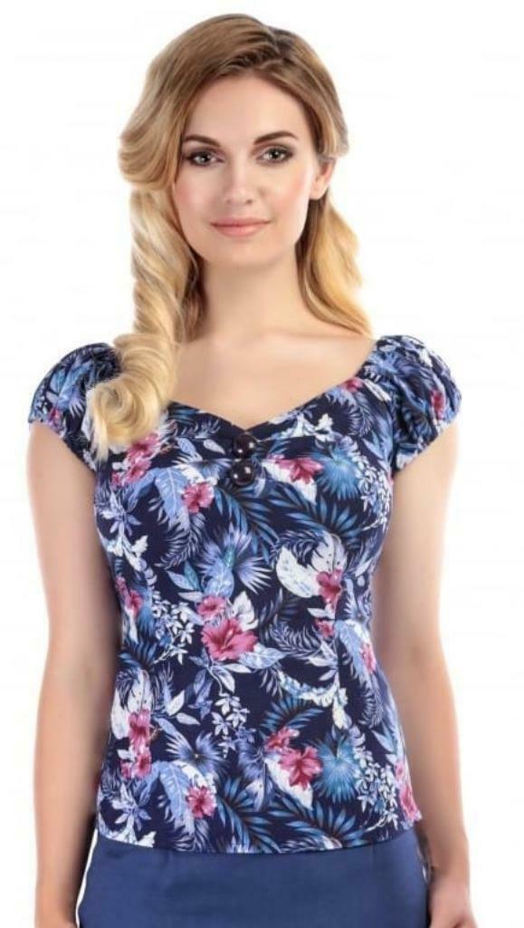 Collectif Clothing 50s Dolores Top blauw hibiscus 2XL (18), Kleding | Dames, Blauw, Maat 46/48 (XL) of groter, Ophalen of Verzenden