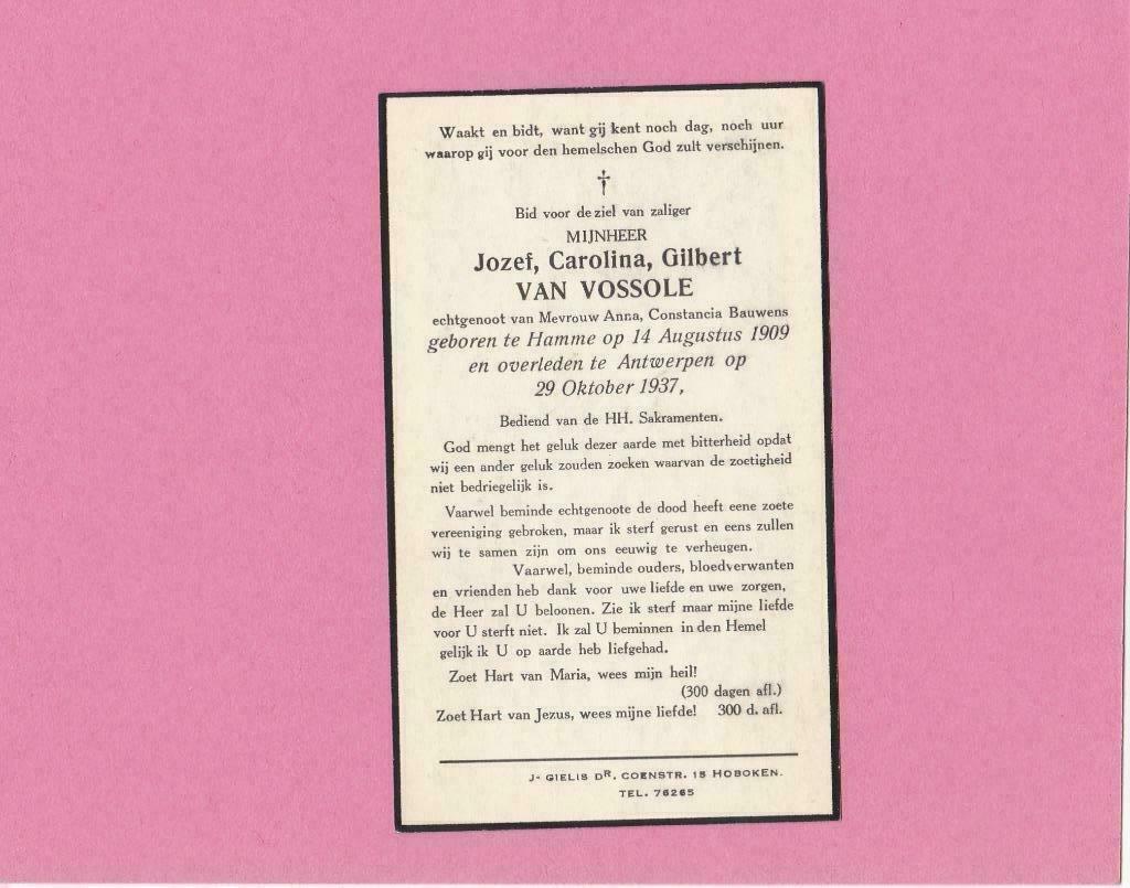 DP Jozef Van Vossole, Verzenden, Bidprentje